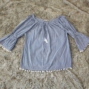 Grand & Greene Off Shoulder Bell Sleeve Blue‎ and White Microstriped Top Large